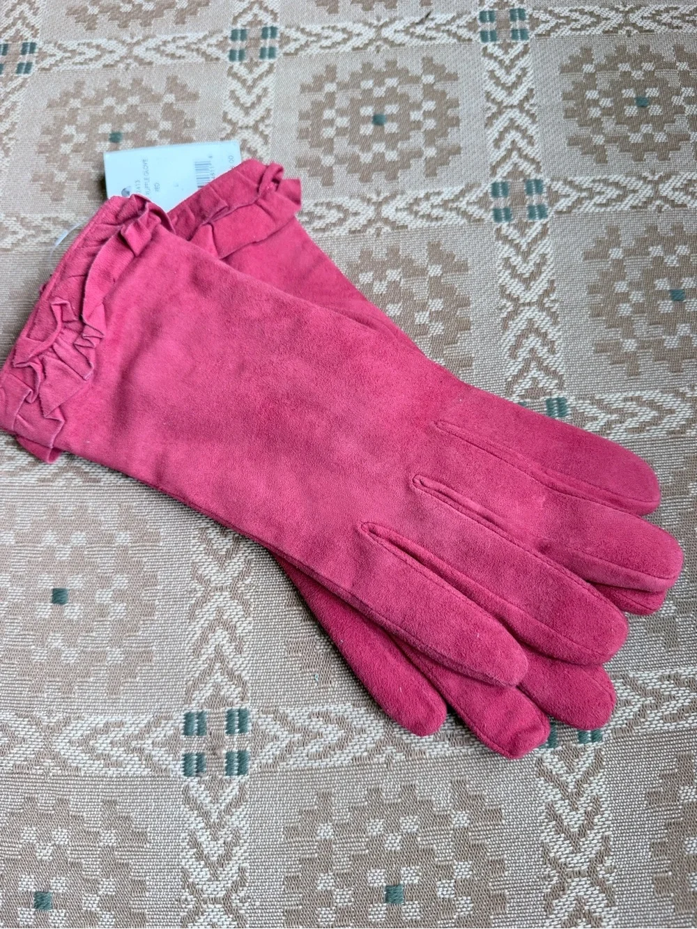 NWT Cole Haan Suede Double Ruffle Gloves Red Large